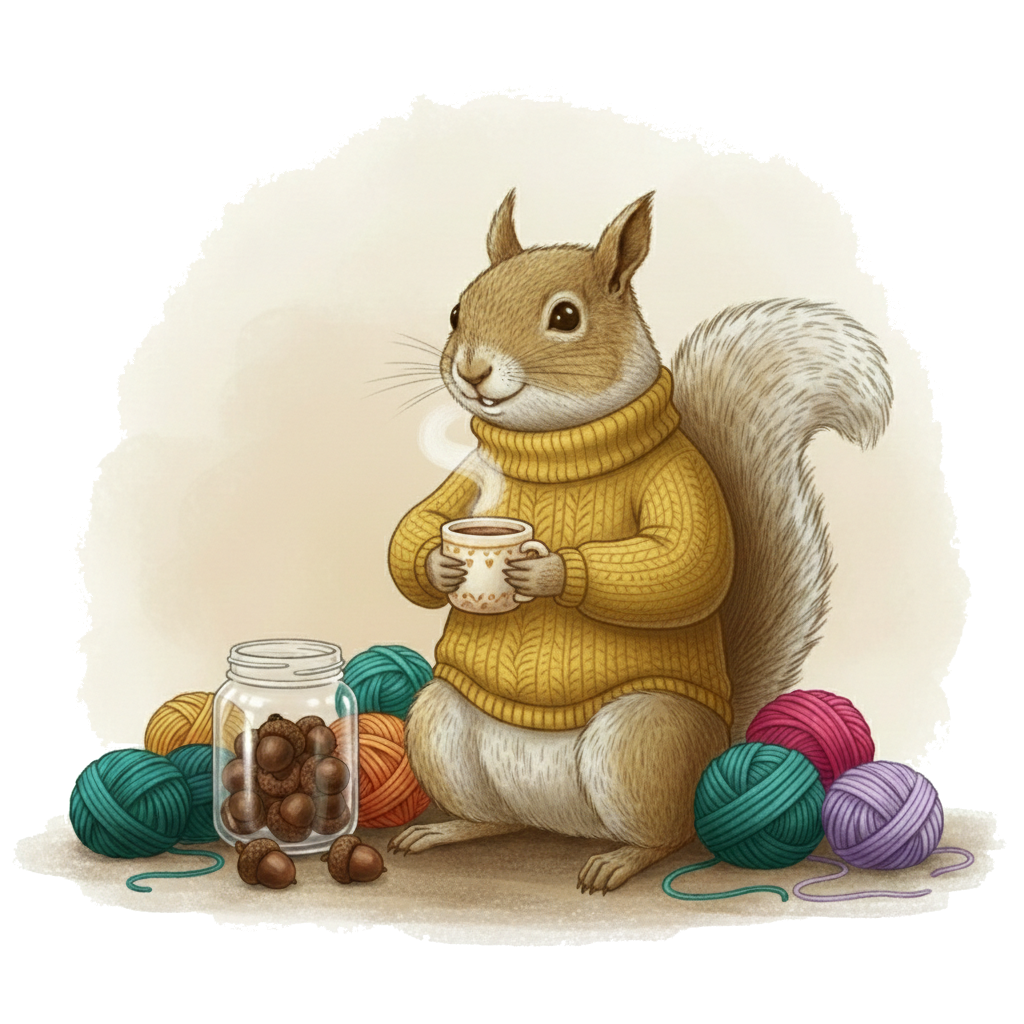 Phil the squirrel mascot surrounded by colorful yarn